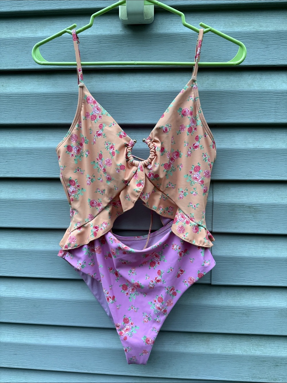 Altar'd State Women Floral Cutout One Piece Swimsuit Ruffles Pink Peach Medium